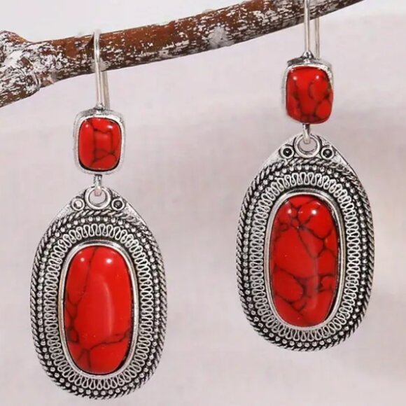 Exquisite Red Synthetic Gemstone Bohemian Vintage Drop Dangle Earrings - Picture 1 of 3